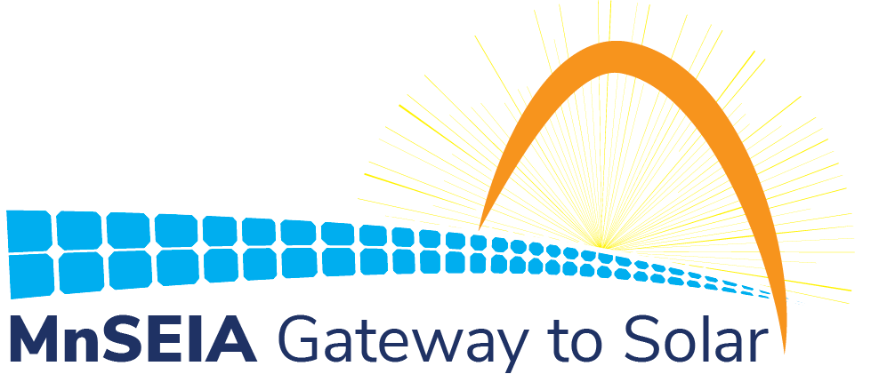 Gateway conference logo with orange arch and sunrays, blue solar panel walkway through it