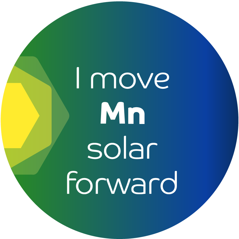 MnSEIA Slogan "I Move MN Solar Forward" Blue, Green, Yellow Sun