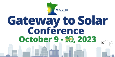 Text of "Gateway to Solar Conference" banner with the Minneapolis skyline in the background