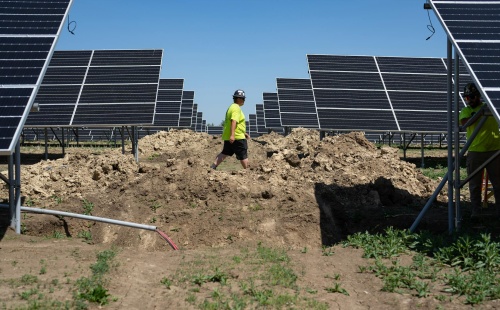Rows of solar panels shown near the Prairie's Edge Casino Resort in Granite Falls, Minn.,