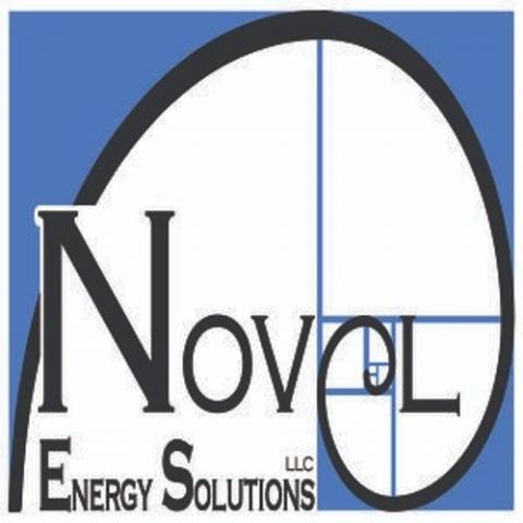 "Novel" in large black font with "Energy Solutions" in small font underneath, inside round white shape, inside blue square.