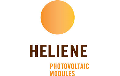 Heliene logo with large orange sun shape and brown lettering